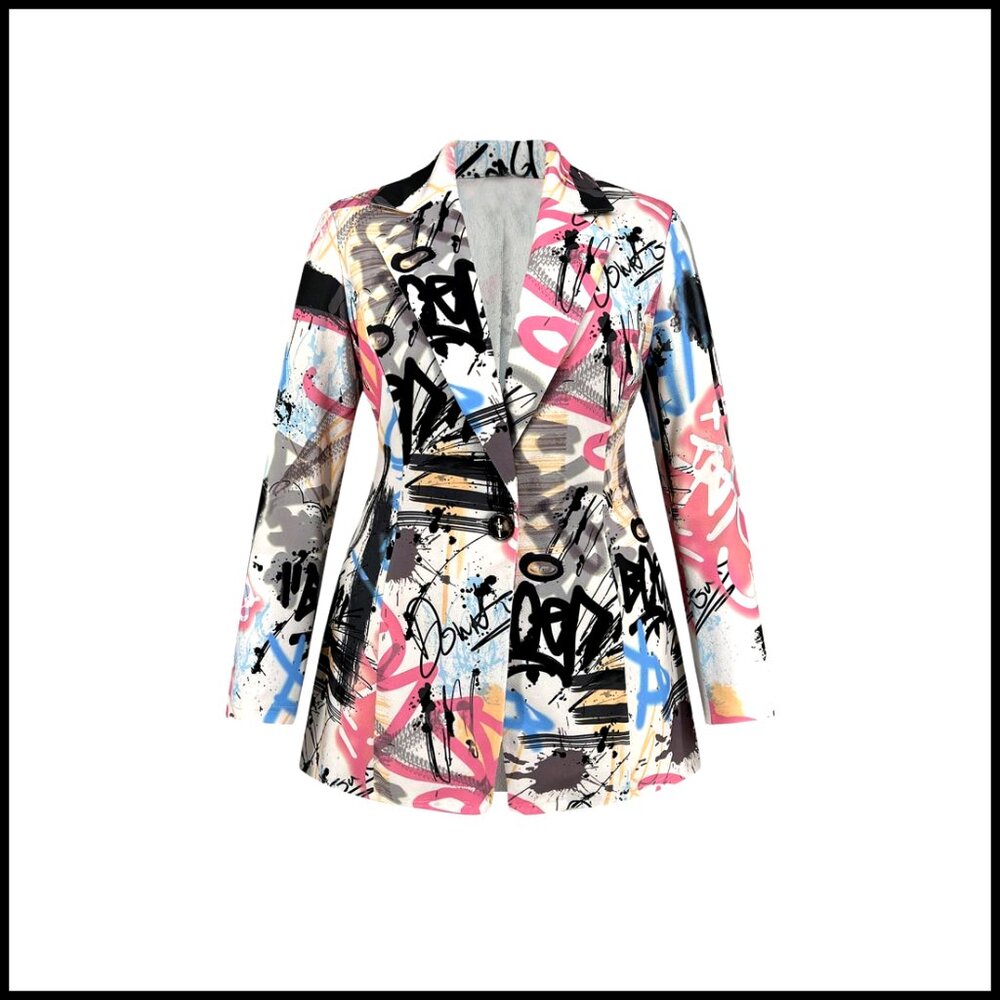 Plus Size Graphic Long Sleeve Blazer Lapel Collar Casual Suit Jacket